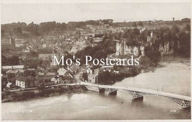 Vintage black and white postcard of a town with a bridge over water 