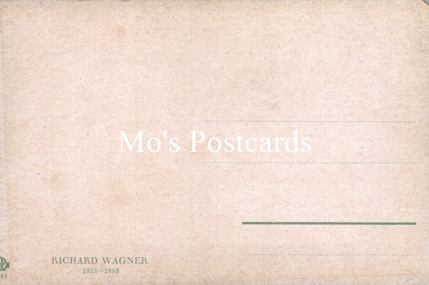 Text 'Mo's Postcards' on a textured beige background with 'Richard Wagner' at the bottom.