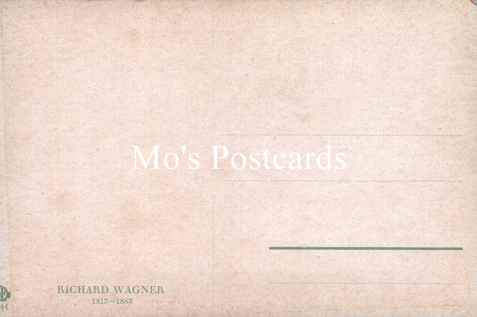 Text 'Mo's Postcards' on a textured beige background with 'Richard Wagner' at the bottom.