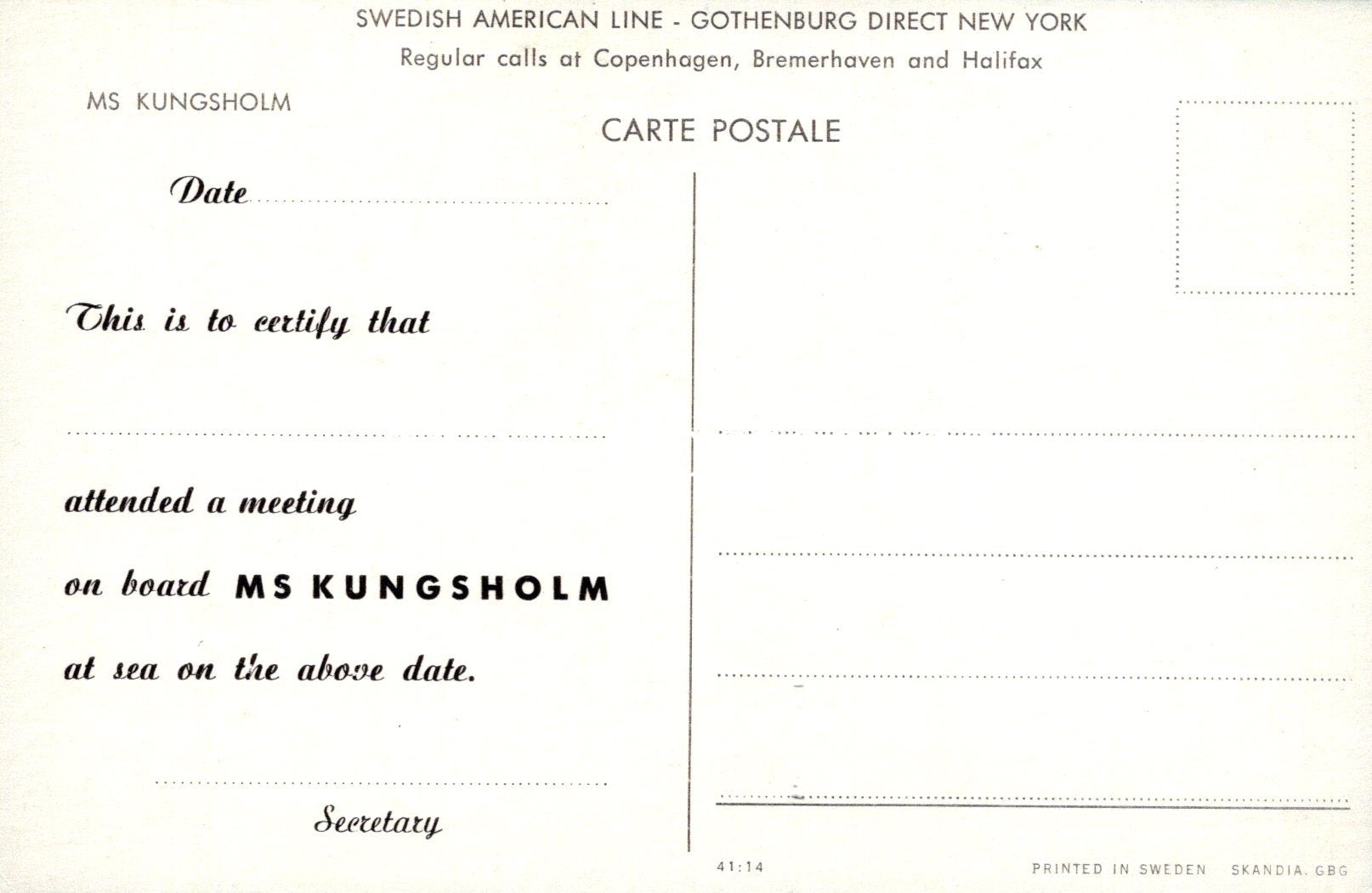 Shipping Postcard - MS Kungsholm, Swedish American Line  SW18703