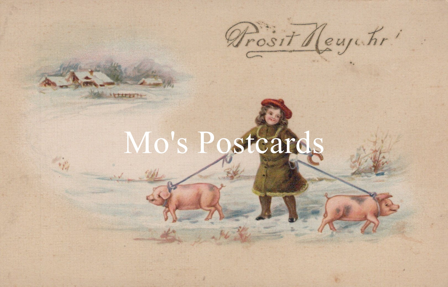Greetings Postcard - Prosit Neujahr, New Year, Pigs in Snow  SW18790