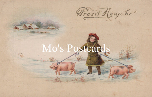 Greetings Postcard - Prosit Neujahr, New Year, Pigs in Snow  SW18790