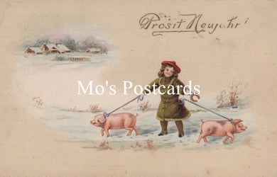 Greetings Postcard - Prosit Neujahr, New Year, Pigs in Snow  SW18790