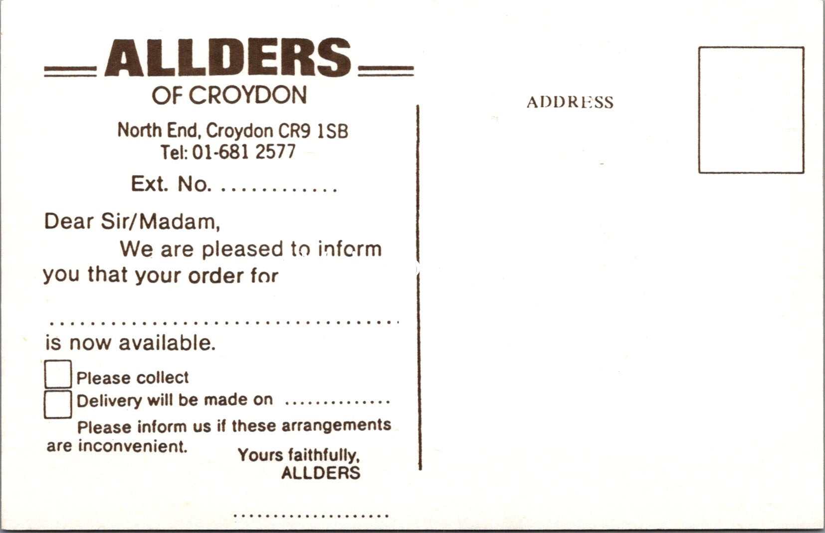 London Postcard - Allders Delivery Service, Croydon  SW17702
