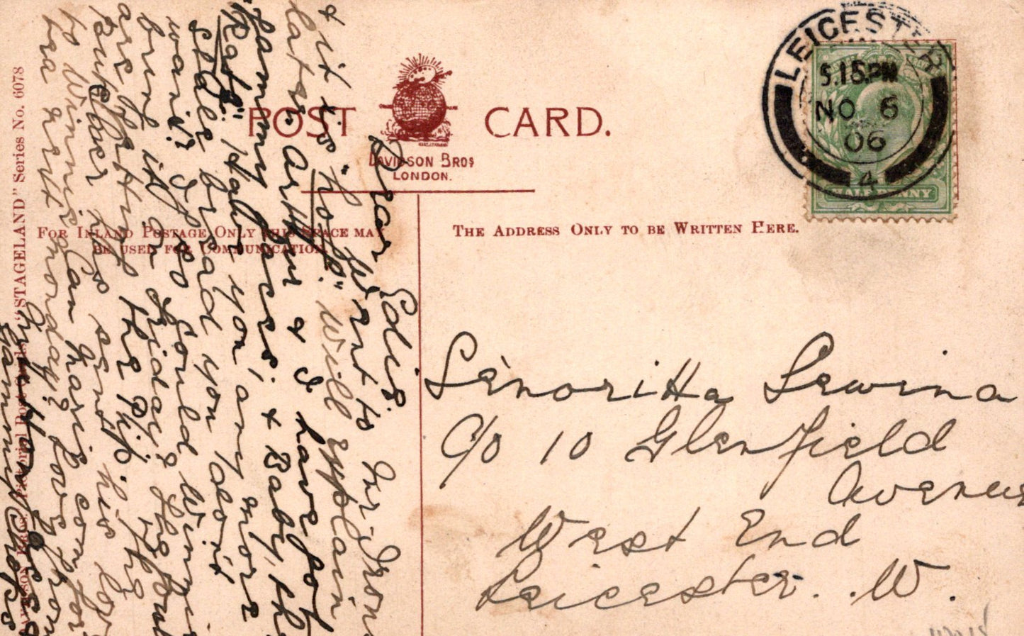 Vintage postcard with handwritten text and postage stamp, featuring the word 'Leicester'.