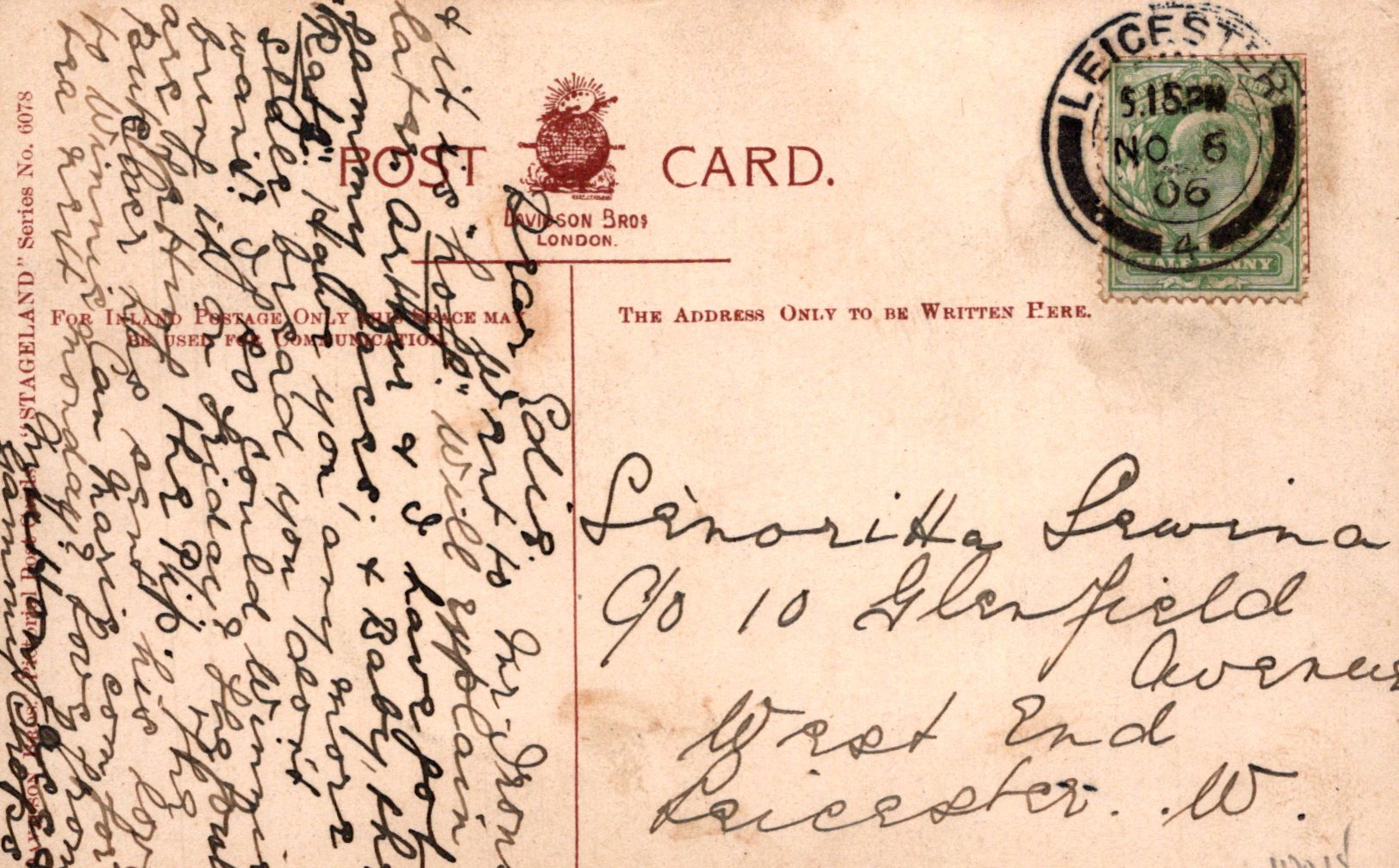 Vintage postcard with handwritten text and postage stamp, featuring the word 'Leicester'.