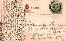 Load image into Gallery viewer, Vintage postcard with handwritten text and postage stamp, featuring the word &#39;Leicester&#39;.
