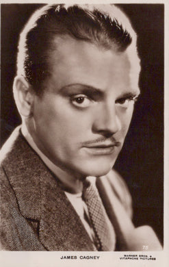 Vintage black and white portrait of a man with a serious expression, labeled 'James Cagney'.