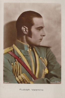 Vintage portrait of a man in military uniform with 'Rudolph Valentino' text at the bottom.