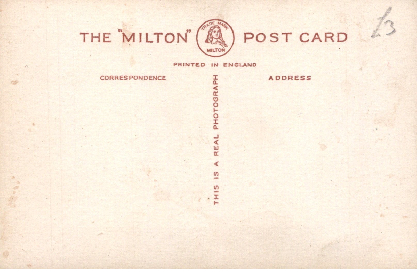 Back of a Milton postcard with text and logo