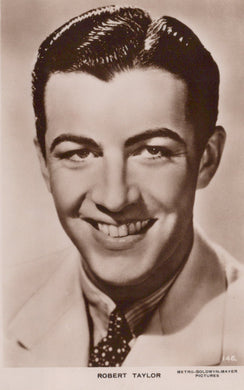 Vintage black and white portrait of a smiling man with a suit and tie, labeled 'Robert Taylor'.