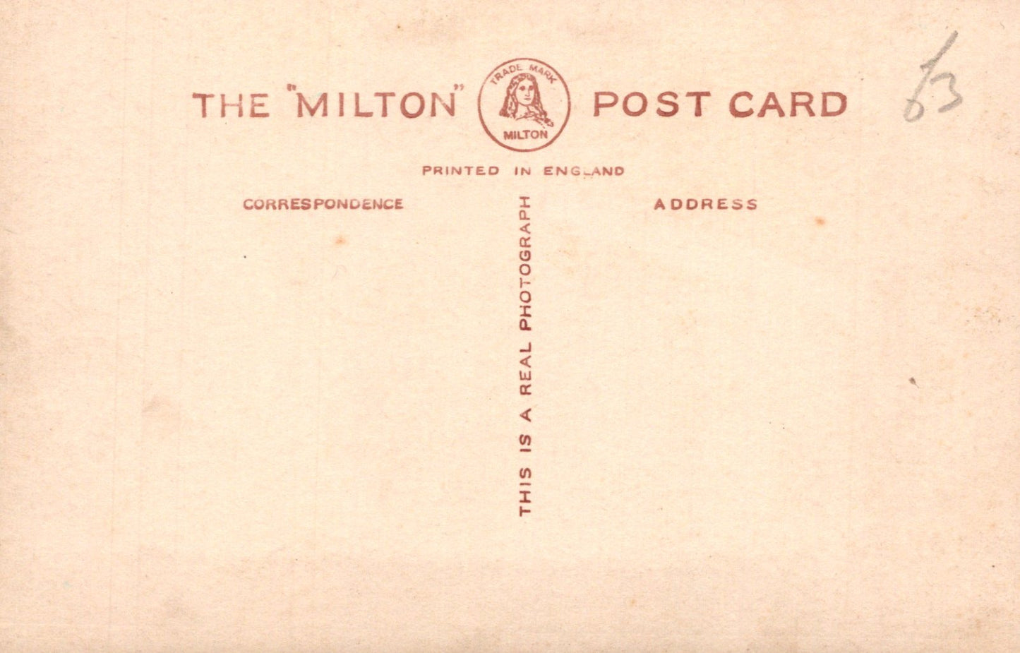 Back of a postcard from 'The Milton' with text and logo.