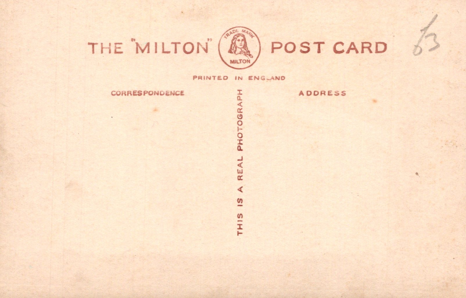 Back of a postcard from 'The Milton' with text and logo.