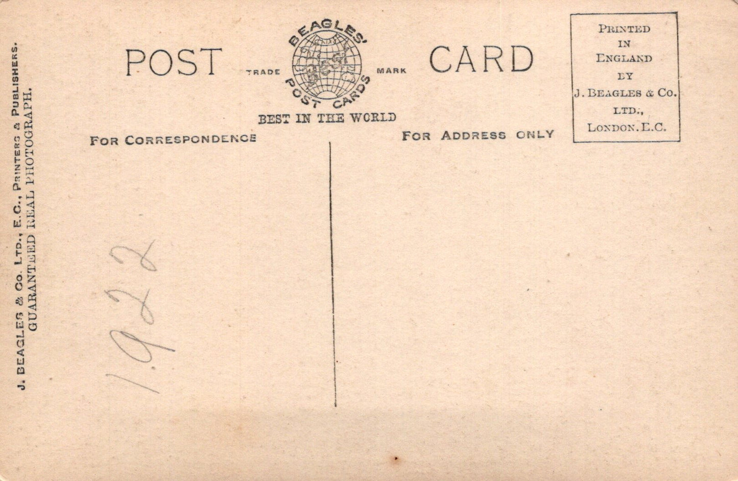 Back of a vintage postcard with text and a logo, printed in England by J. Beagles & Co.