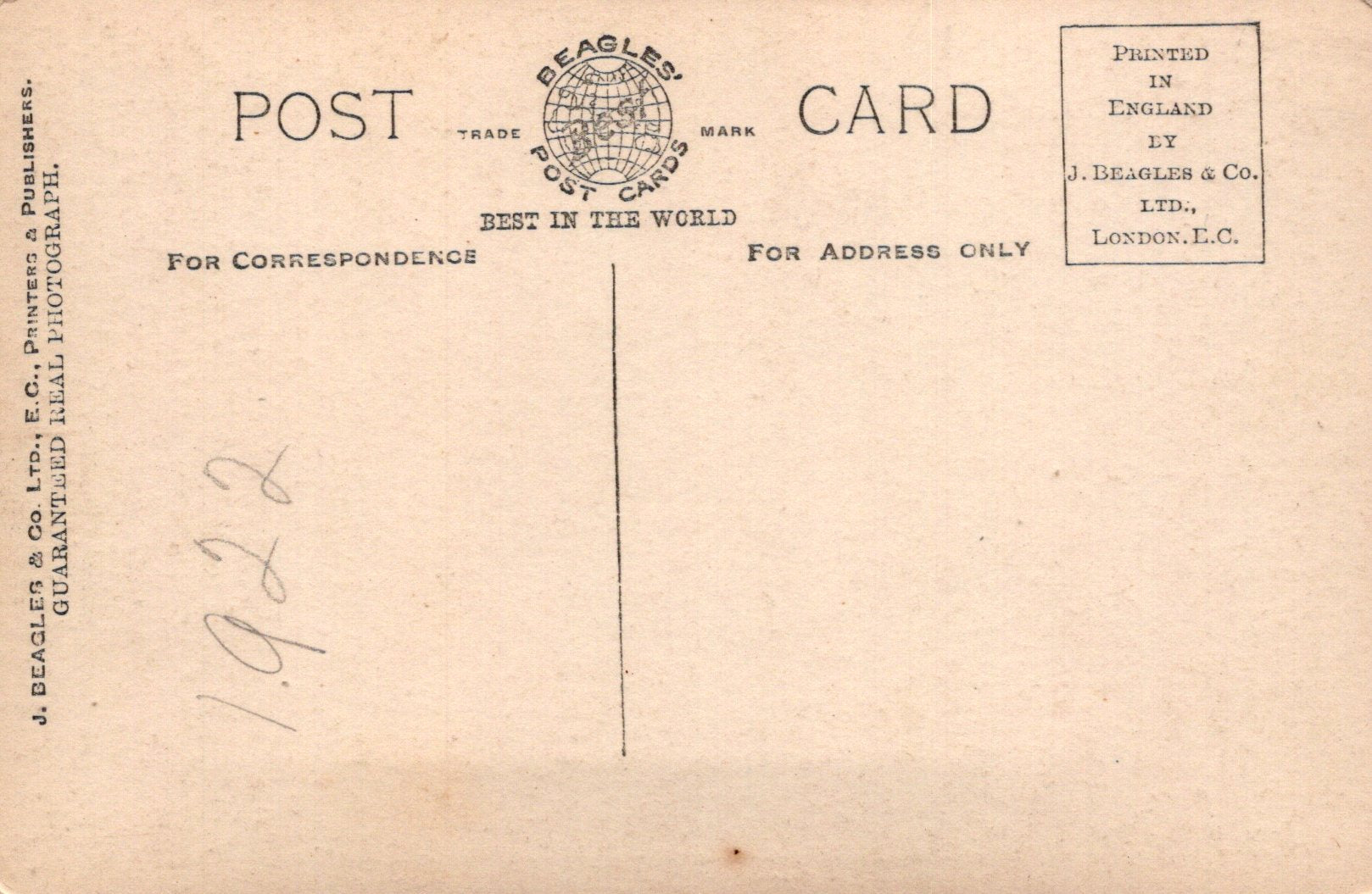 Back of a vintage postcard with text and a logo, printed in England by J. Beagles & Co.