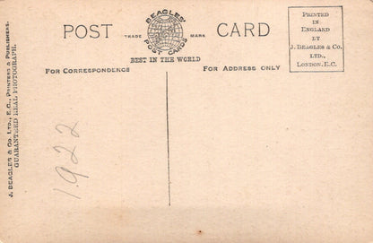 Back of a vintage postcard with text and a logo, printed in England by J. Beagles & Co.