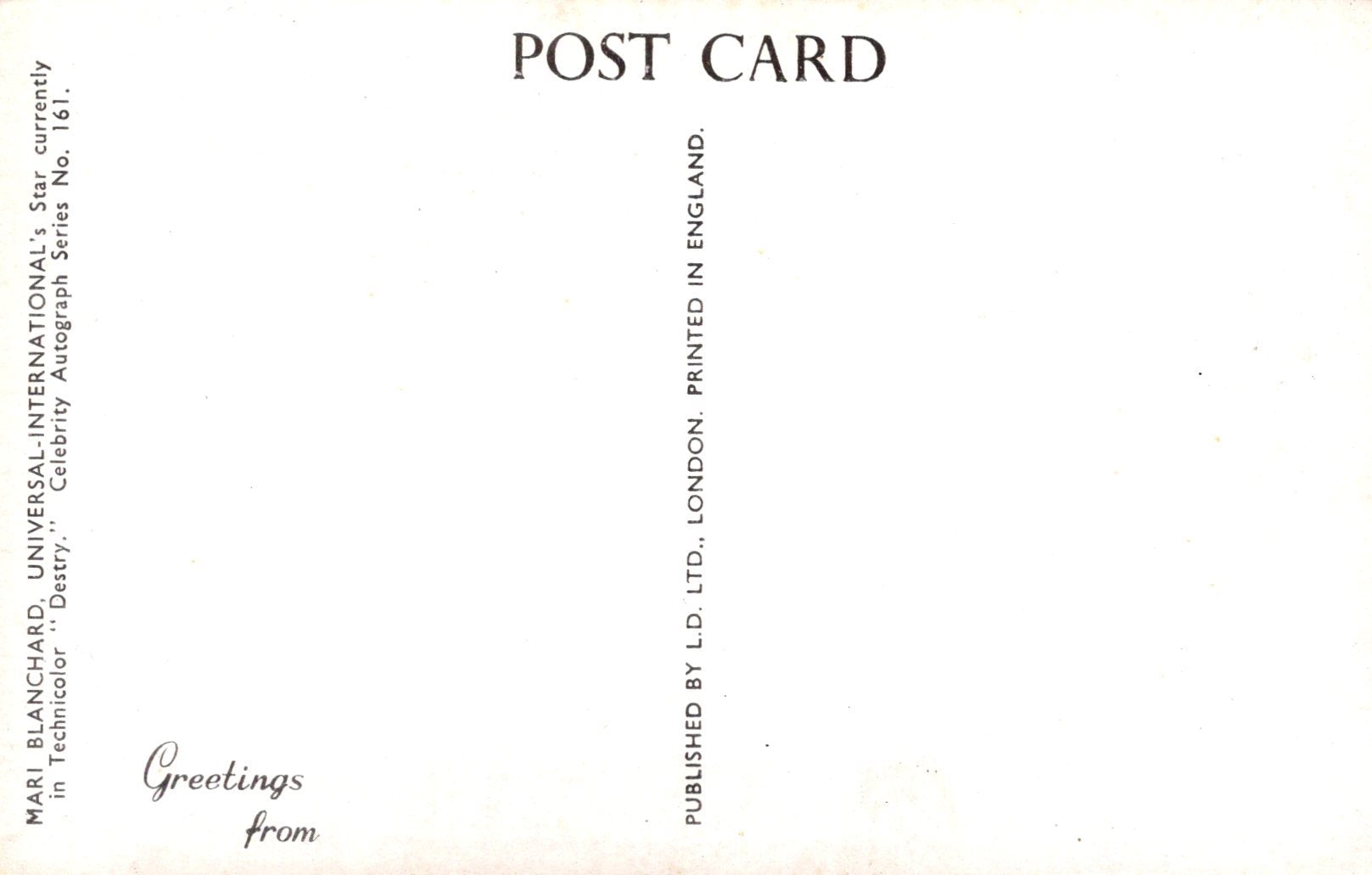 Back of a postcard with text about publication details.