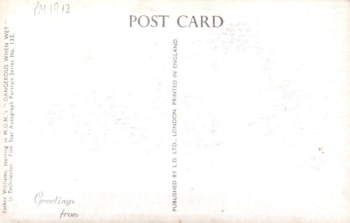 Back of a vintage postcard with text and a light brown background