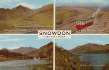 Load image into Gallery viewer, Vintage-style postcard of Snowdonia with a mountain railway and scenic views.
