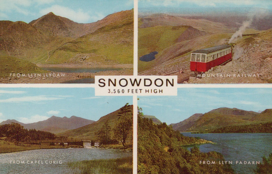 Vintage-style postcard of Snowdonia with a mountain railway and scenic views.