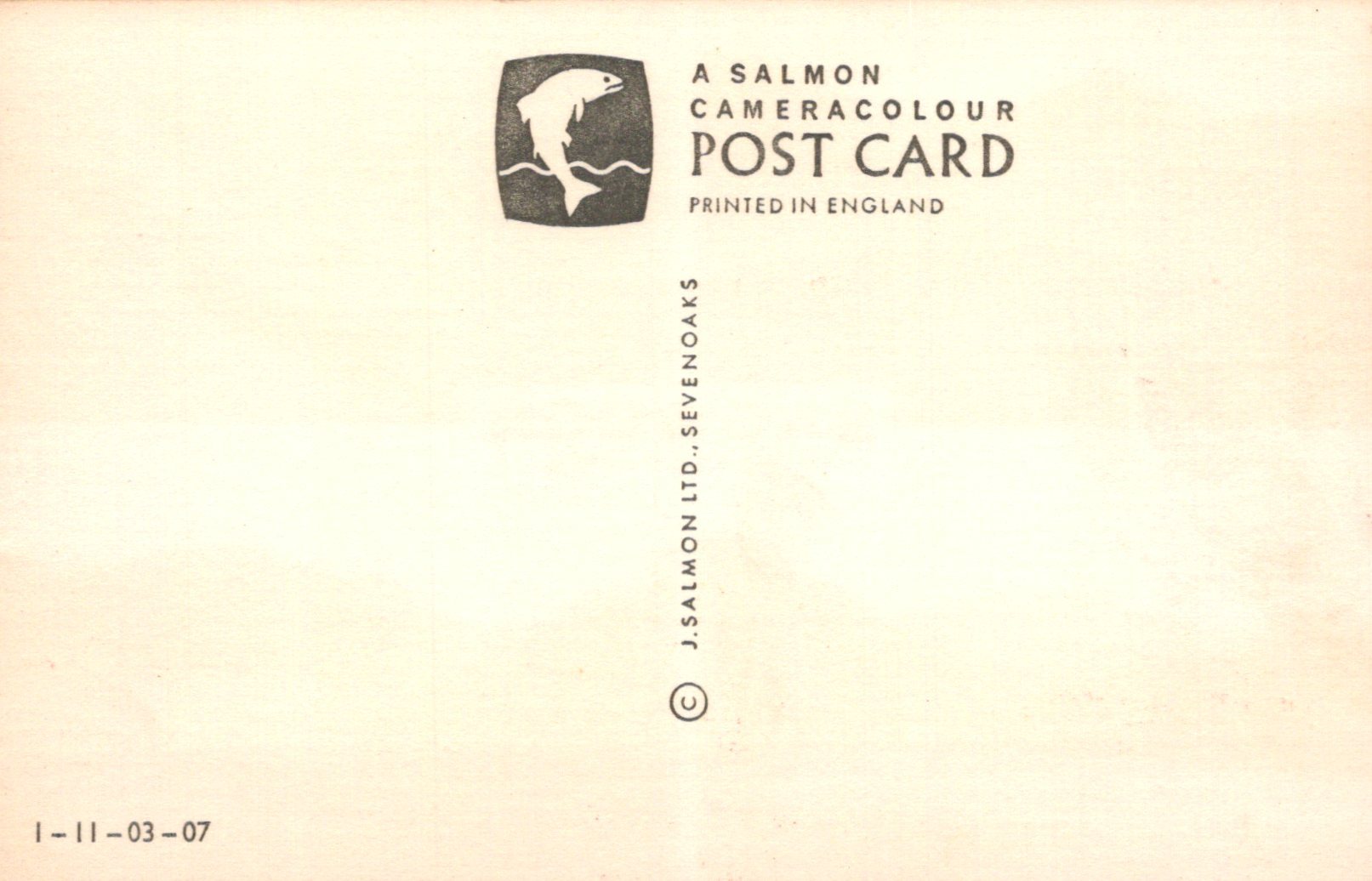 Salmon Cameracolour postcard with branding and text on a beige background
