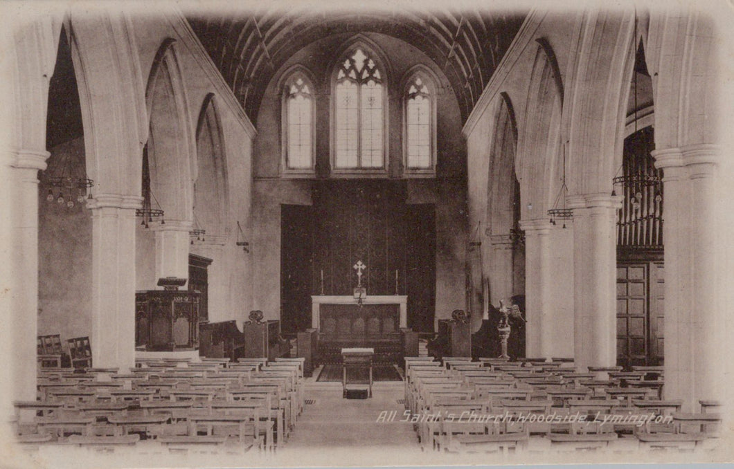 Interior of a church with pews and a altar, vintage photograph.