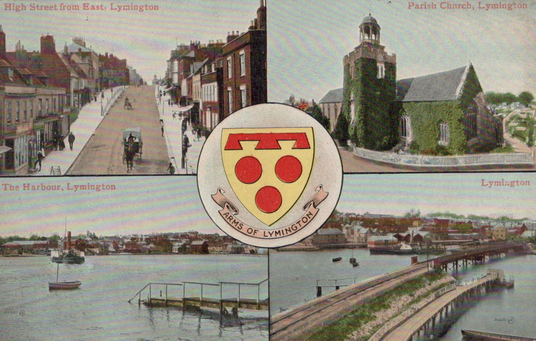 Collage of vintage postcards showing scenes from Lymington, including a harbor and a church, with a central coat of arms.