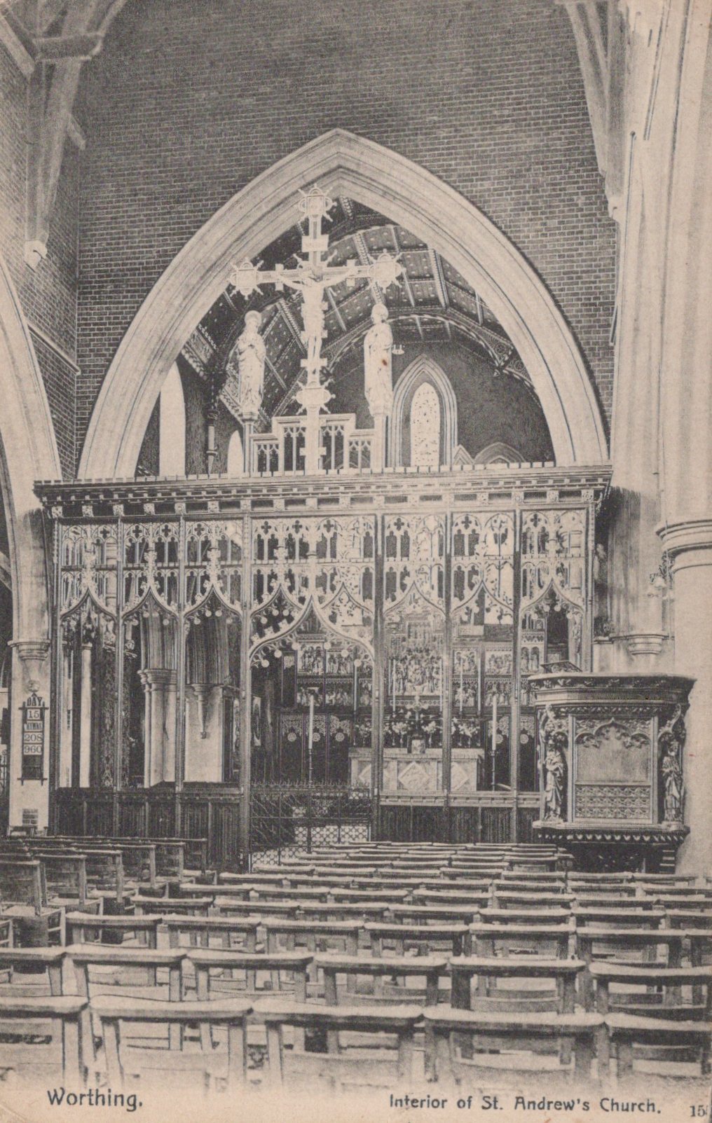 Vintage black and white photograph of the interior of St. Andrew's Church, Worthing.