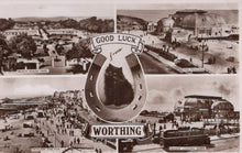 Load image into Gallery viewer, Vintage collage of Worthing with a horseshoe and cat emblem, featuring various scenes and attractions.
