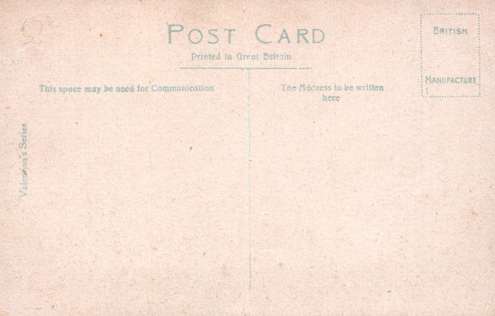 Back of a vintage postcard with printed text and a textured beige background