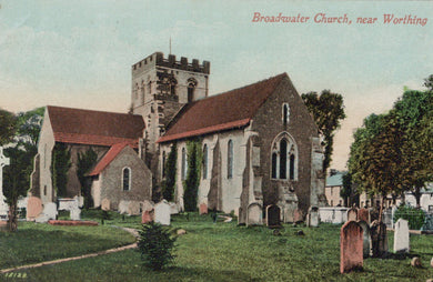 Vintage postcard of Broadwater Church near Worthing with a church and graveyard.