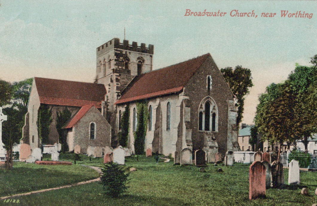 Vintage postcard of Broadwater Church near Worthing with a church and graveyard.