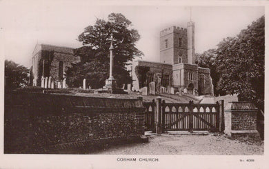 Gothic-style church with stone walls and a tall tower, surrounded by trees and a wooden gate.