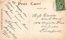 Load image into Gallery viewer, Vintage postcard with handwritten text and a stamp on a beige background
