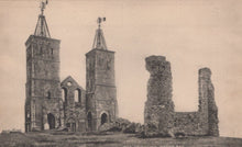 Load image into Gallery viewer, Ruins of a cathedral with two towers on a plain background
