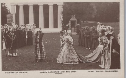 Vintage black and white photo of a pageant with 'Queen Catherine and the Gipsy' at Royal Studio, Colchester.