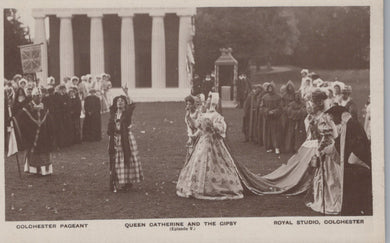 Vintage black and white photo of a pageant with 'Queen Catherine and the Gipsy' at Royal Studio, Colchester.