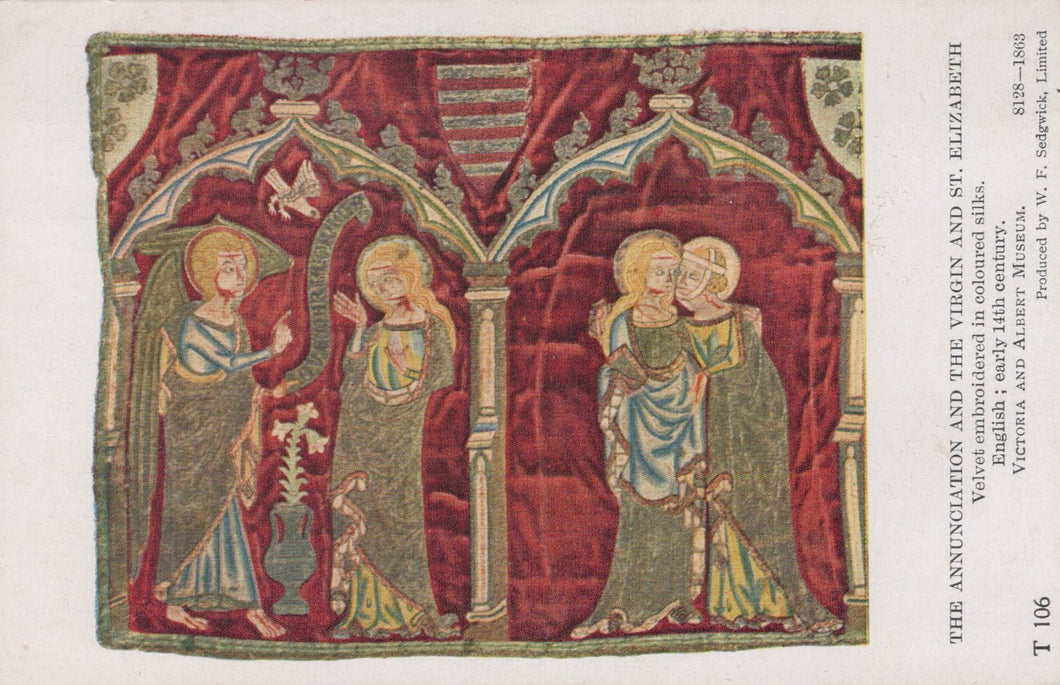 Textile with religious scene featuring figures in front of a red background
