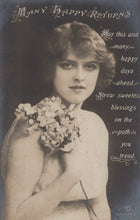 Load image into Gallery viewer, Vintage-style image of a woman holding flowers with decorative text on a dark background
