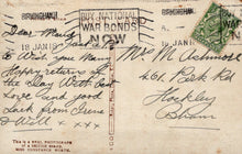 Load image into Gallery viewer, Vintage postcard with handwritten text and a stamp, featuring a call to buy war bonds.
