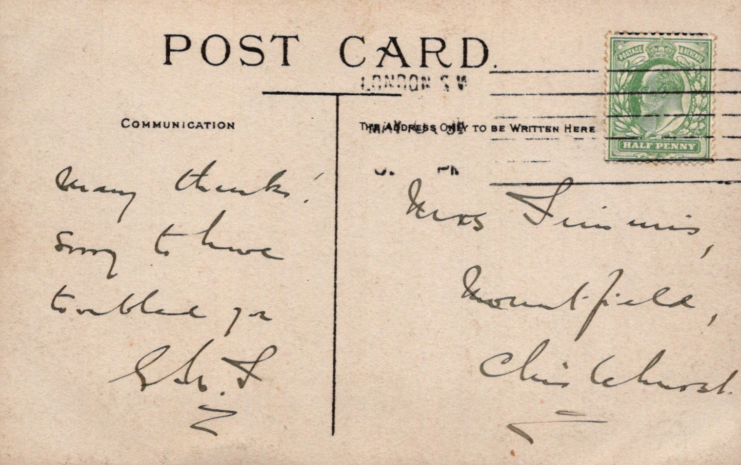 Vintage postcard with handwritten text and a stamp, featuring the word 'Post Card' at the top.