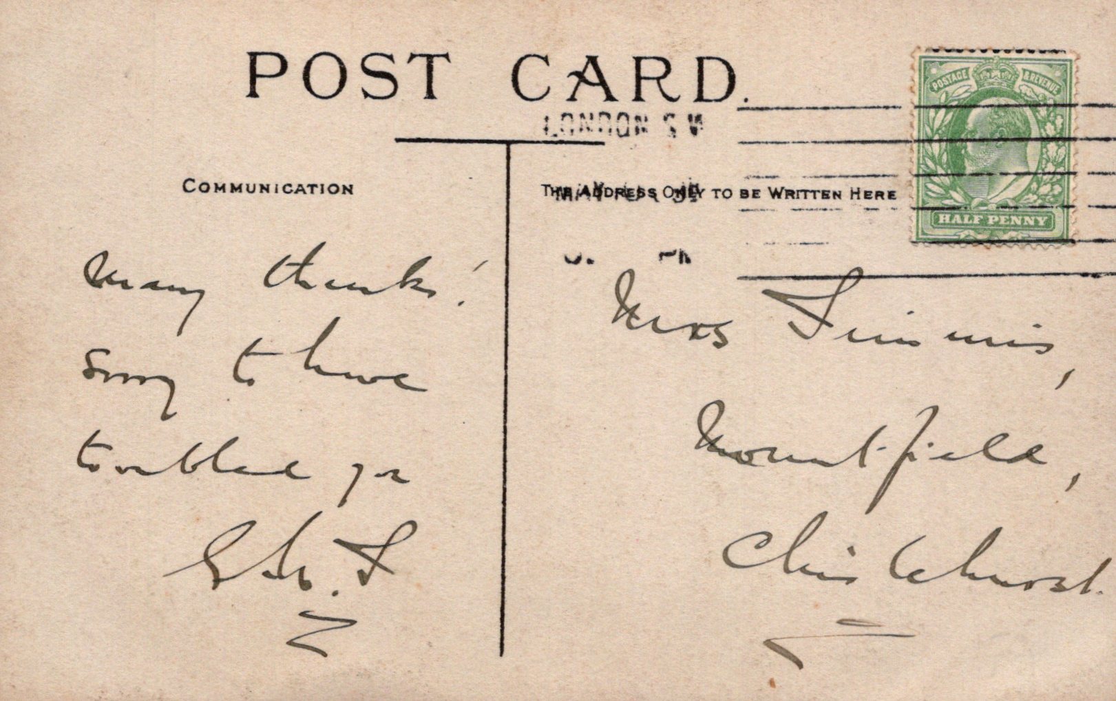 Vintage postcard with handwritten text and a stamp, featuring the word 'Post Card' at the top.