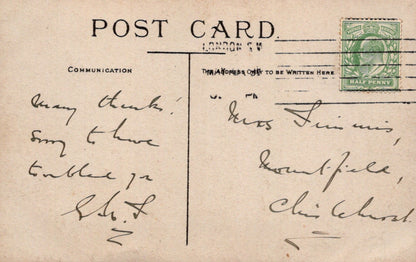 Vintage postcard with handwritten text and a stamp, featuring the word 'Post Card' at the top.