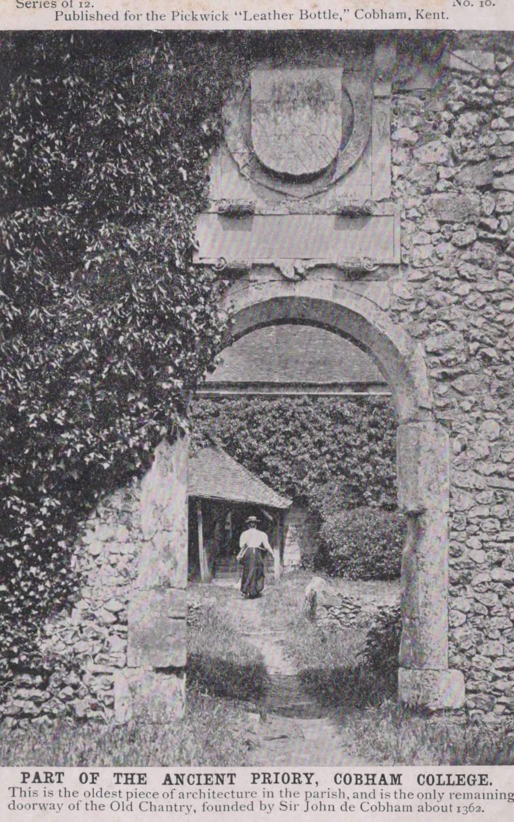 Stone archway with a person walking through it, surrounded by greenery, with text at the bottom.