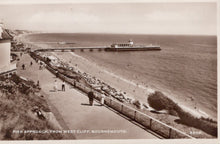 Load image into Gallery viewer, Vintage black and white photo of a beach scene with a pier and promenade.
