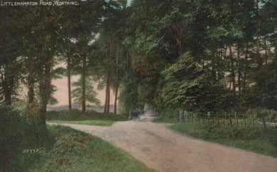 Painted scene of a forest path with trees and a carriage in the distance.