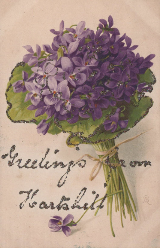 Vintage-style card with a bouquet of purple violets and text on a beige background