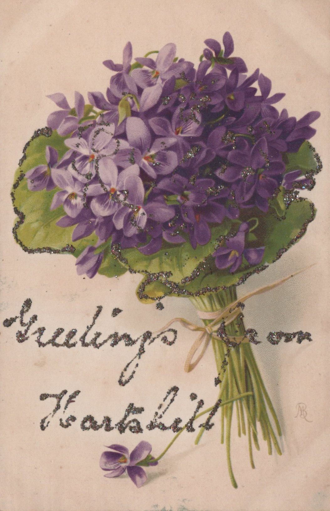 Vintage-style card with a bouquet of purple violets and text on a beige background