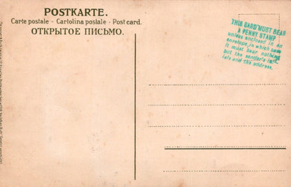 Vintage postcard with text in multiple languages on a beige background
