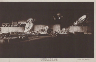 Vintage black and white photograph of a stage performance with 'Soldiers of the King' at the British Empire Exhibition.